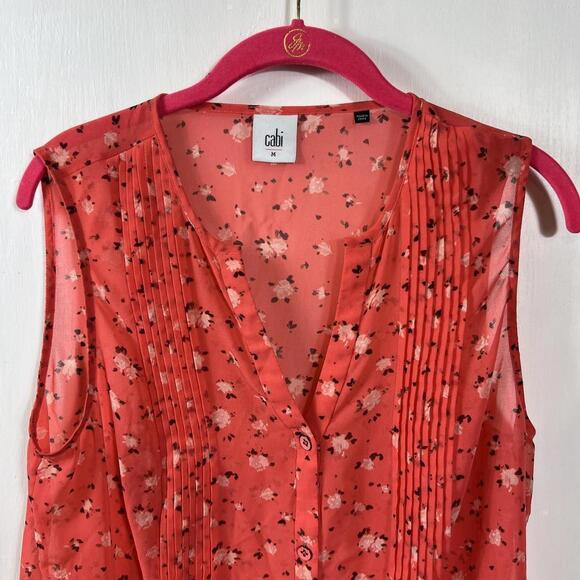 Cabi Coral Pintuck Sleeveless Sheer Floral Buttondown Blouse - Picture 2 of 6